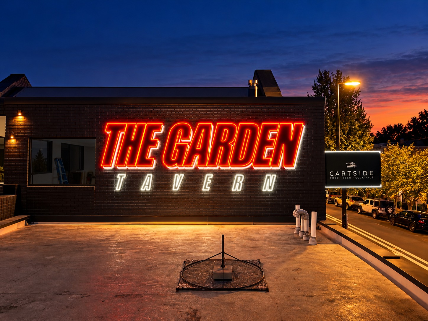 The Garden Tavern illuminated exterior signage at Cartside PDX